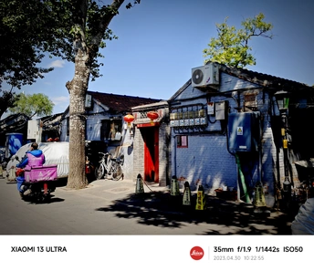 一个人骑着粉色自行车沿着一个小建筑和一棵树旁边的小街