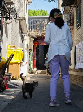 一位女士带着一只黑猫走在一条狭窄的街道上