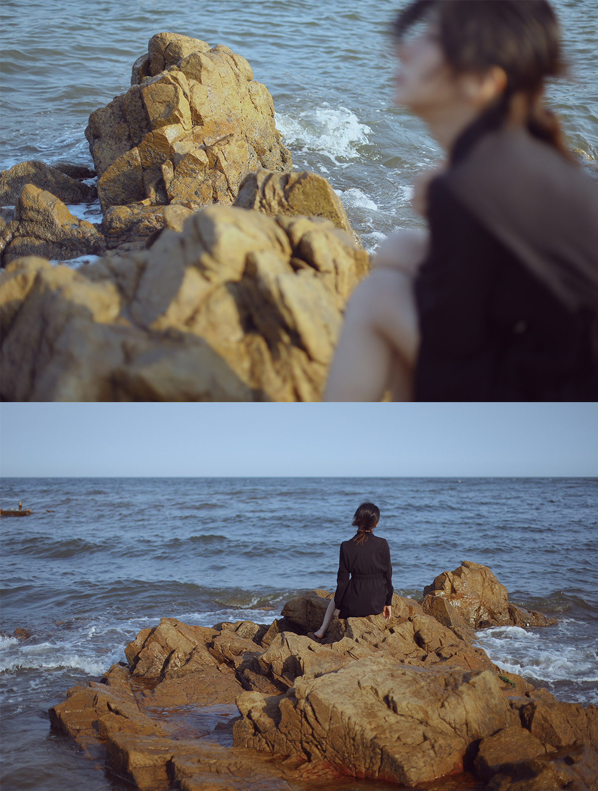 一个人坐在岩石海岸上的一个分裂图像 以及一个人站在岩石上的一张海洋图片