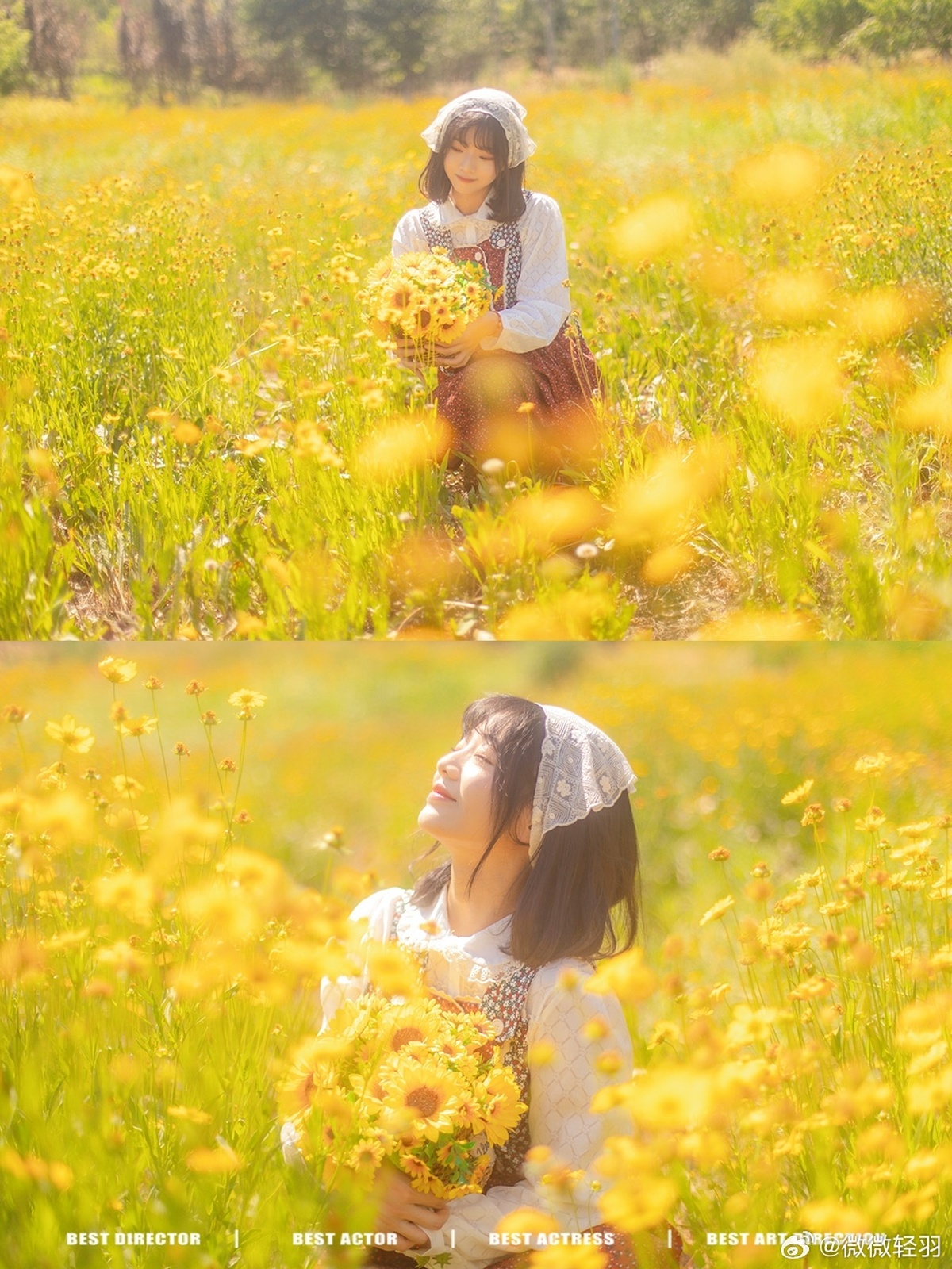 一位女子手持一束黄色的花在田野中