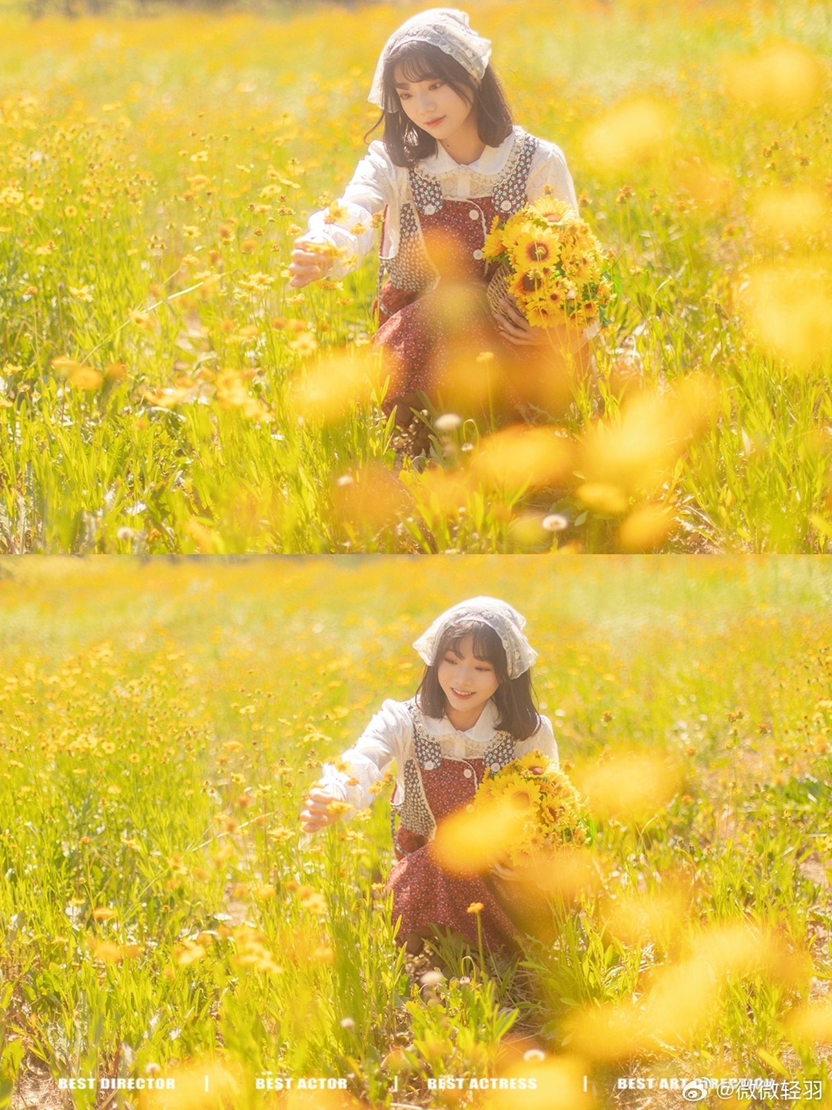 一个小女孩在草地上摘黄色的花 而她的妈妈在草地上玩耍。