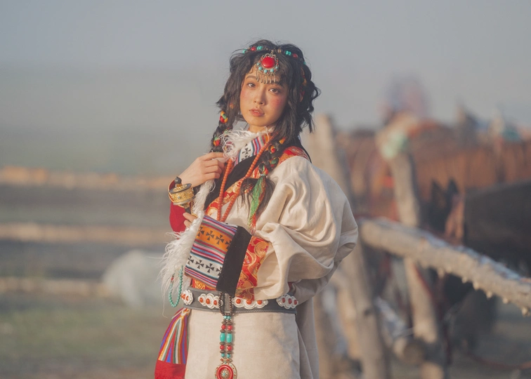 一位穿着传统印度服装的年轻女子站在一个马场 马儿在旁边。