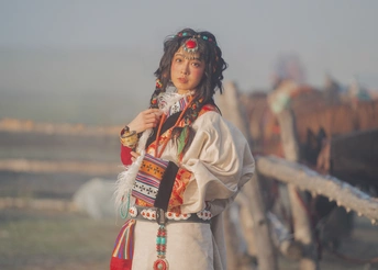 一位穿着传统印度服装的年轻女子站在一个马场 马儿在旁边。