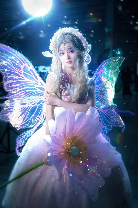 一位穿着白色裙子的美丽仙女 手持一朵花。