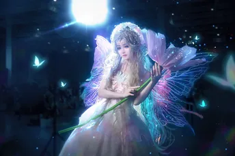 一位持有光的粉红色翅膀的仙女