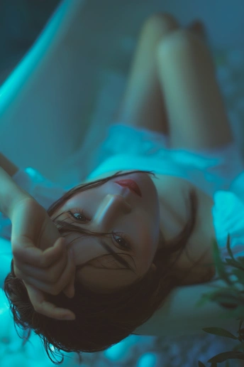 一位女性躺在蓝色的灯光照射的水坑中的床上。
