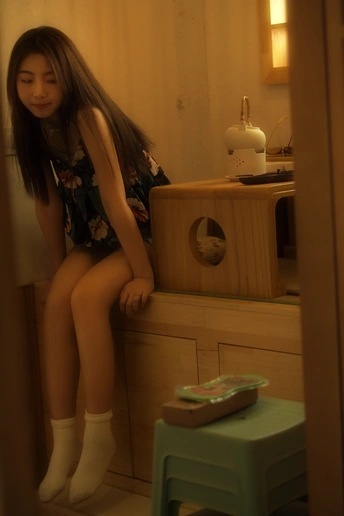 一个年轻女子坐在一个凳子上