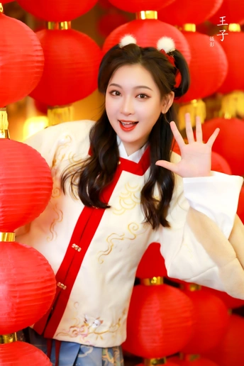 一位穿制服的年轻女子在红灯笼前摆姿势