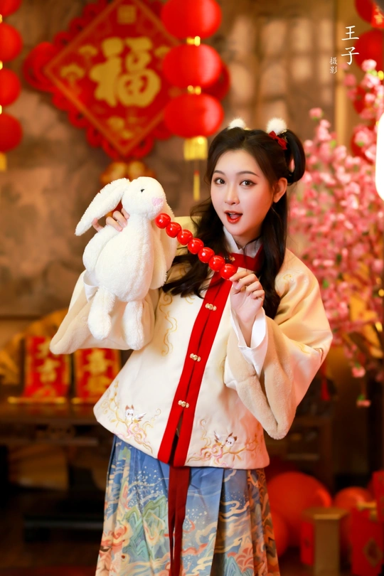 一位穿着中国传统服装的年轻女子抱着一只白兔子