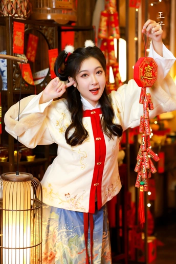 一位穿着传统服装的年轻女子拿着红灯笼