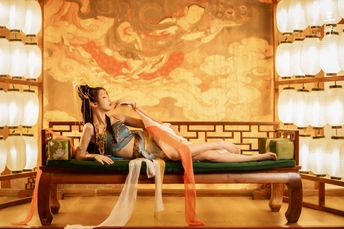 一个双腿交叉躺在床上的女人