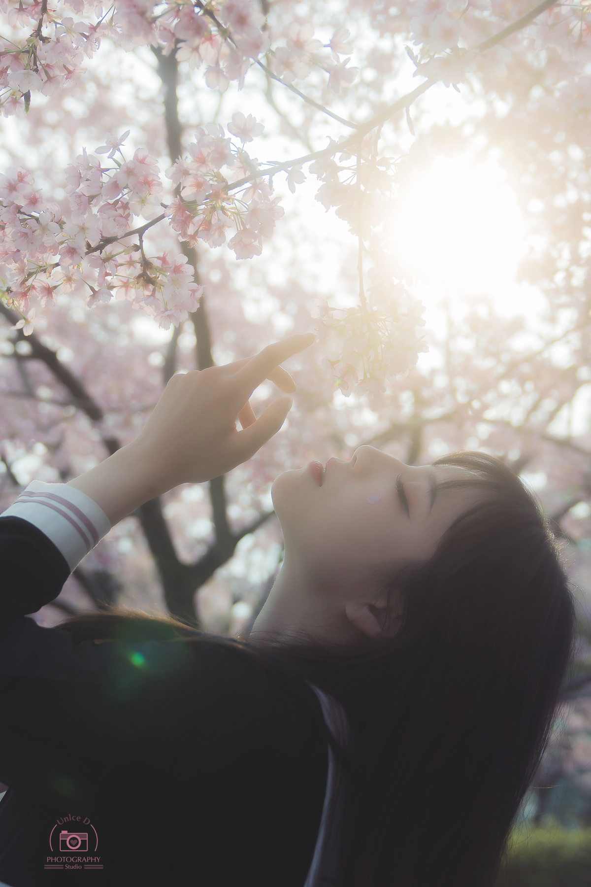 一个享受阳光和樱花的年轻女子