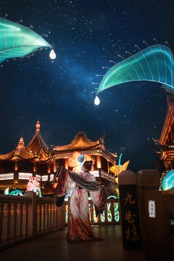 夜晚照亮的天空下站着一个女性