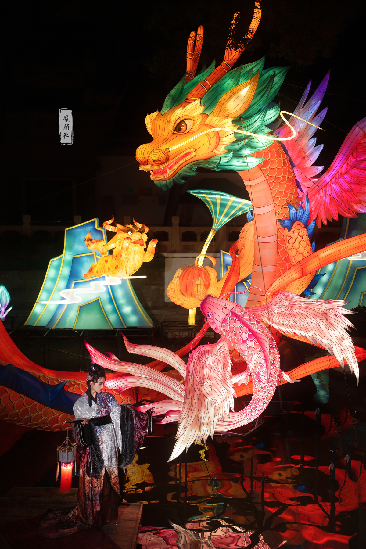 夜晚节庆中 一只多彩的龙被点亮了。