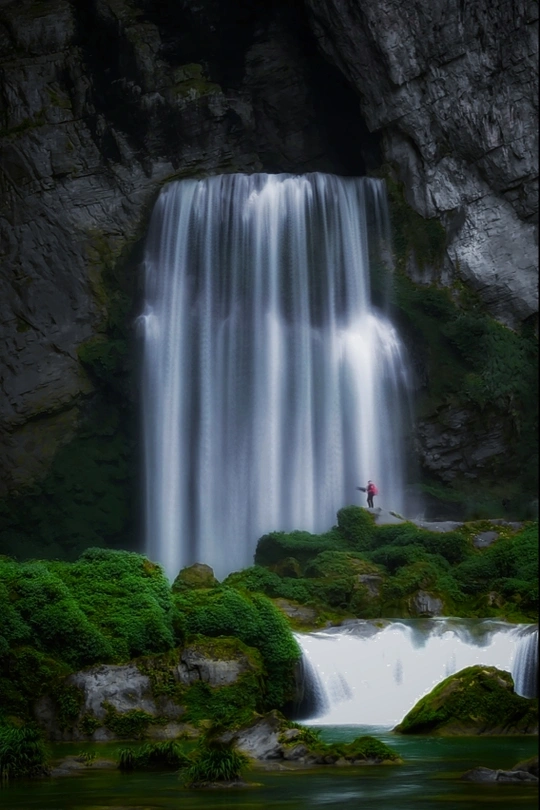 一个人站在一个小瀑布前