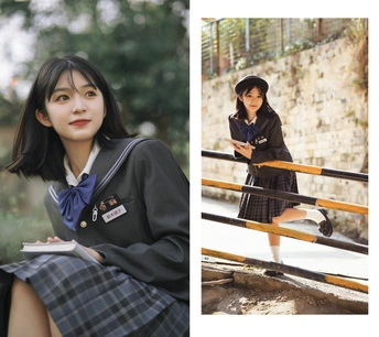 一位年轻女子穿着裙子坐在长凳上 旁边是另一幅女孩穿着校服的画。