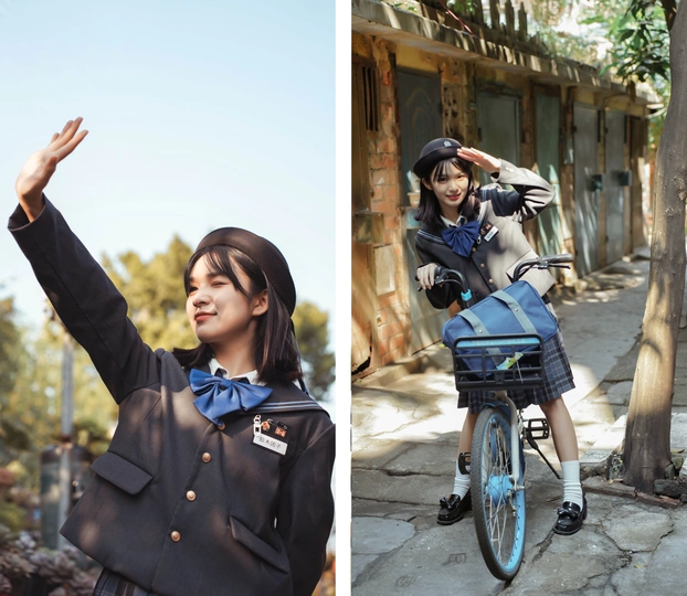 一张年轻女子骑自行车下街道的照片 另一张年轻女子站在一棵树旁边