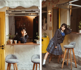 站在黄色门前的女孩的图片和餐厅的图片