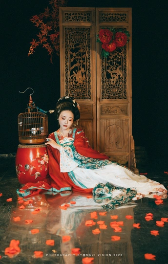 一位穿着传统中国裙子的女人 手持灯笼和红色的花 花在地上。