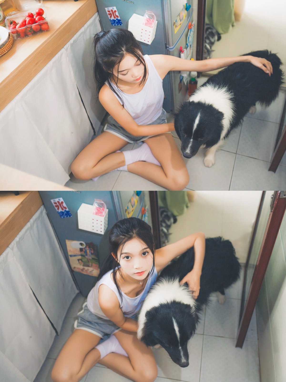 一只黑白相间的狗坐在厨房地板上 旁边是一位年轻女子。