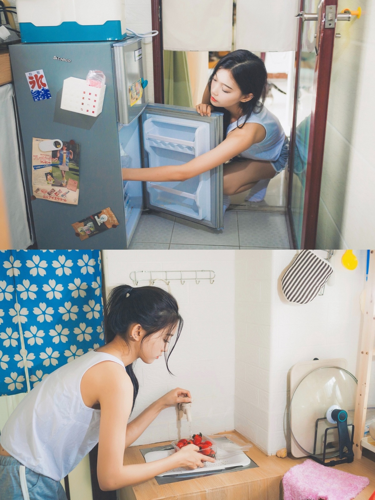 一张年轻女孩在小型房间中准备食物的图片 配有冰箱。