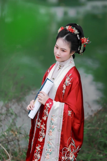 一位穿着传统服装的年轻女子 身着红白相间的裙子。