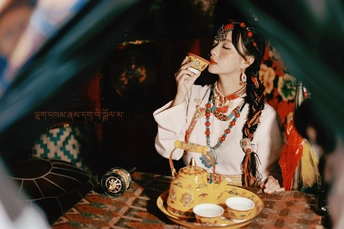 一个年轻女子坐在桌子旁喝着一杯茶