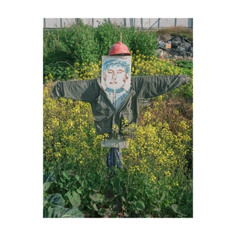 一个戴有涂鸦帽子的男子站在花田中