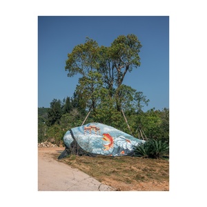 一艘带有船体图案的岩石 旁边有一艘带有鲸鱼图案的岩石 背景是公路和树木。