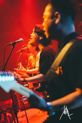 图片可能包含人、舞台上、演奏乐器、夜晚和室内。