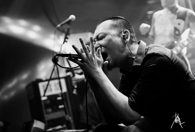 一张黑白图片 展示一个男子在舞台上演奏乐器。