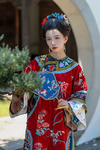 一位穿着传统服装的年轻女子  carrying 一棵松树 穿着红白相间的裙子。