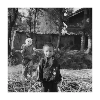 一个小男孩站在一个田野里 手里拿着一只小泰迪熊。