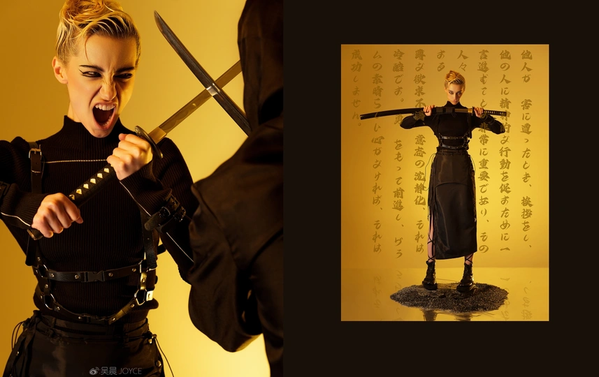 一位穿着 costumes 拿着剑的女性