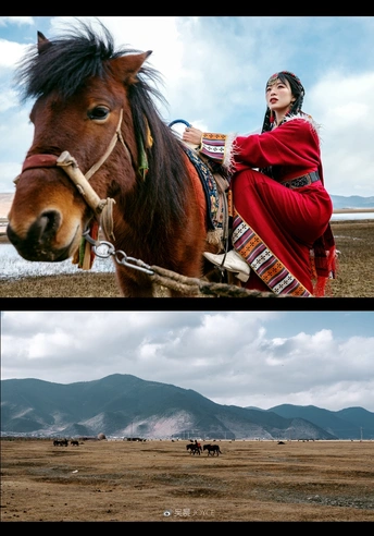 一位女子骑着一匹马在有山丘背景的田地里