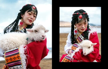 并排的两张图片 左边是穿着传统服装的年轻女孩抱着一只羊 右边是穿着传统服装的年轻女子 带着一个