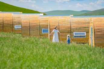 一对小女孩和男孩站在草地上