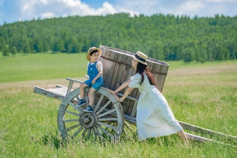 一个年轻女孩和一个小男孩坐在田野里的木长椅上 手里拿着一辆旧马车
