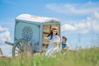 几个人坐在草地上 一个女孩坐在马车上