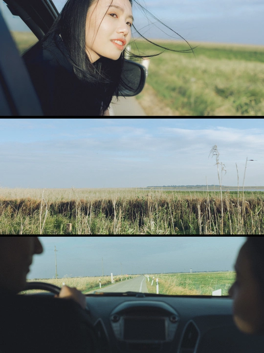 一位女性在旁边田野的路上驾驶汽车的分镜
