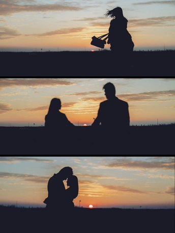 一个分裂的图像显示了一个人和一个女人坐在日落前的地面上 这张图片展示了一个人坐在地面上的轮廓。