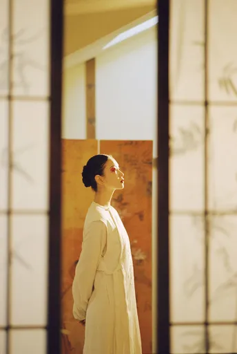 一位穿着白色连衣裙的女人站在镜子前
