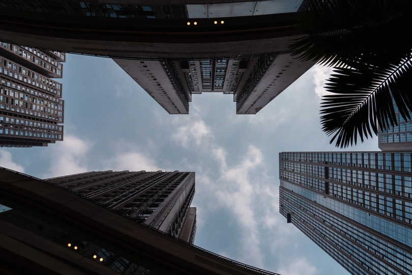 抬头仰望高耸的建筑物和蓝天下的棕榈树