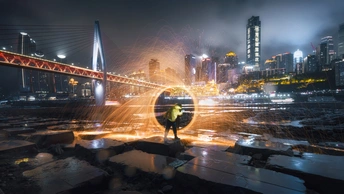 夜晚的城市 背景是一座桥