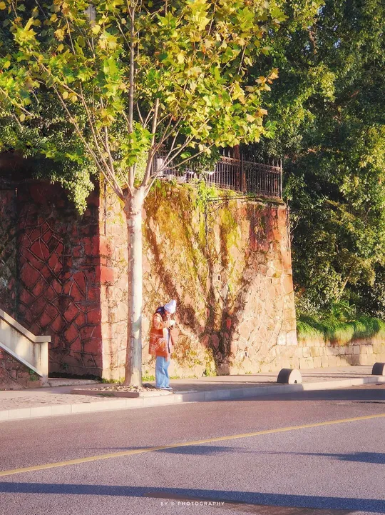 一个人和一个女人正在沿着一棵树旁的街道走