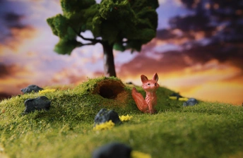 一只红松鼠坐在小山丘上 周围有一棵树的田野。