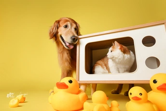 一只狗和一只猫正在玩具屋子里看鸭子