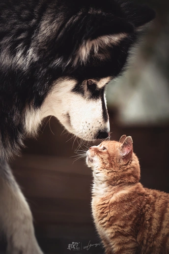 一只黑白相间的猫正在看一只橙色的幼猫