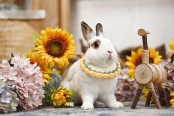 一只被花环绕的白兔和一些向日葵