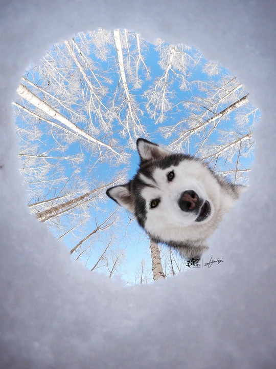 一只哈士奇狗通过雪中的一个洞